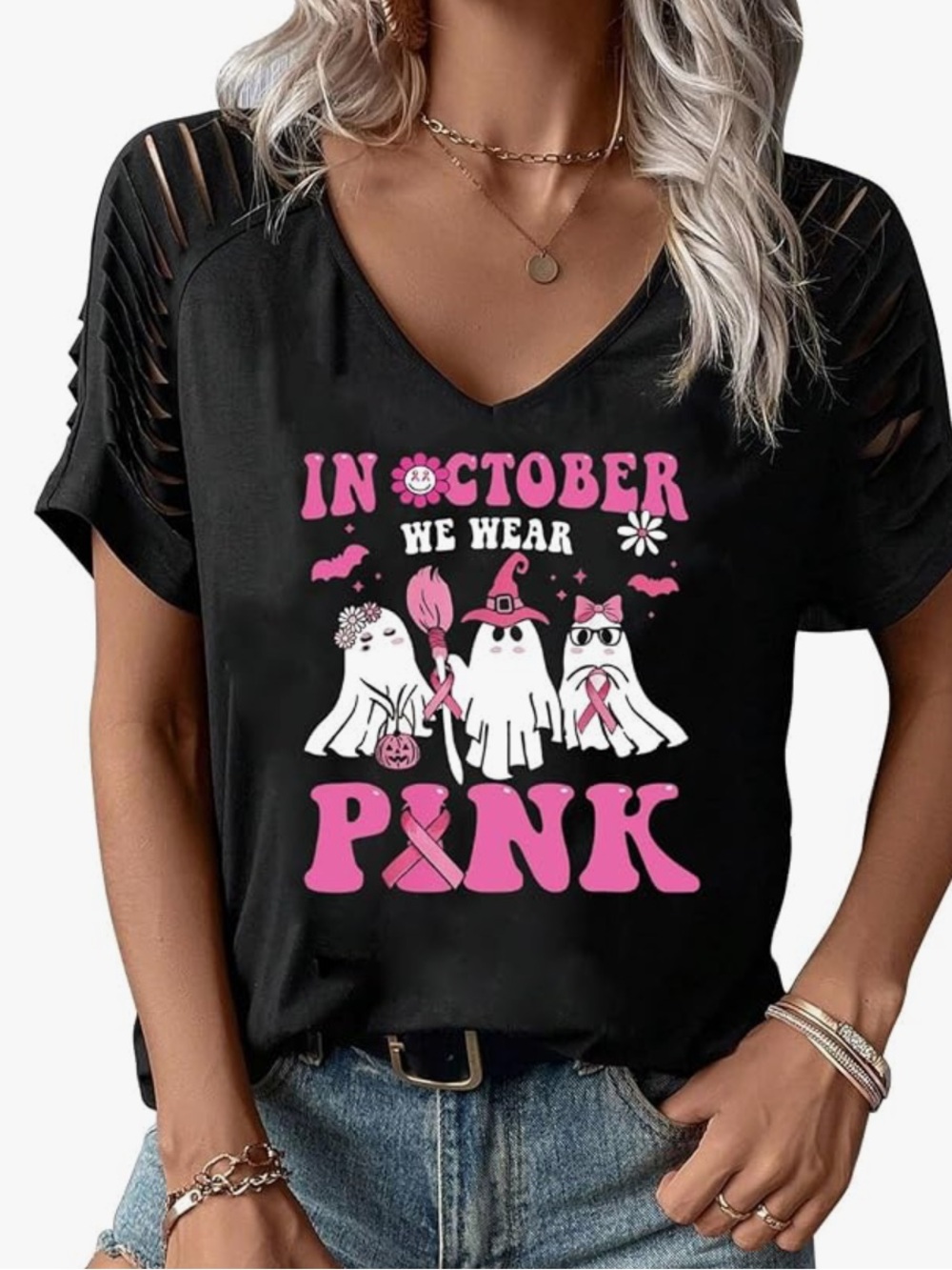 October We Wear Pink Women's Black Graphic Tee